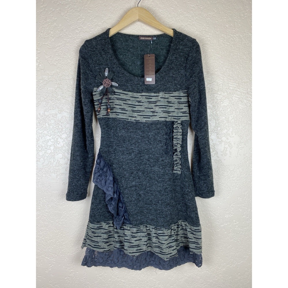 John Fashion L Sweater Dress Tunic Mixed Media Gray Wearable Art Lace Trim Boho